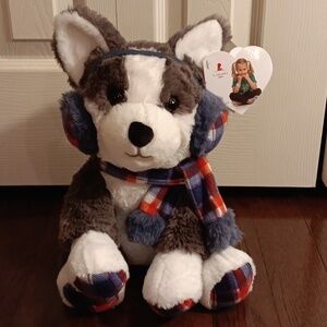 Plush Husky Dog with Scarf and Earmuffs